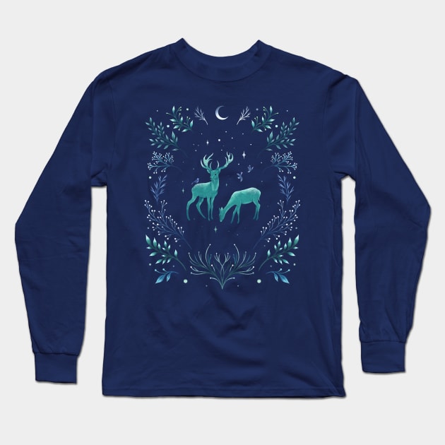 Deers in the Moonlight - Frosted Mint Long Sleeve T-Shirt by Episodic Drawing